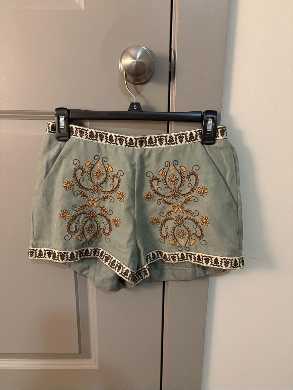 High-Waist Sage Green Embroidered Summer Shorts